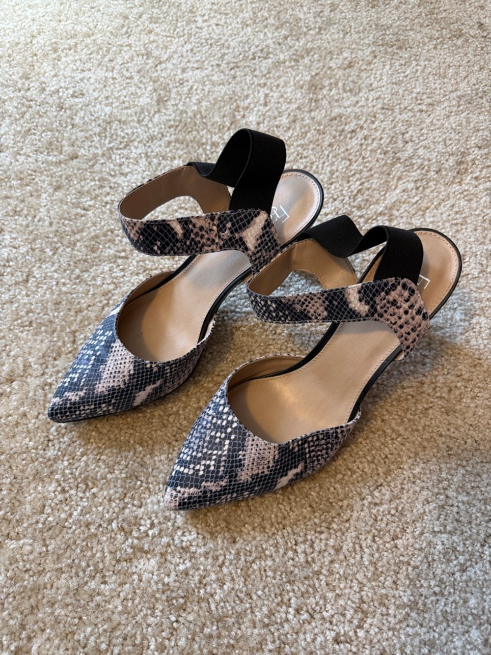 Franco Sarto Black and Beige Snake-Print Pointed Heels with Elastic Strap